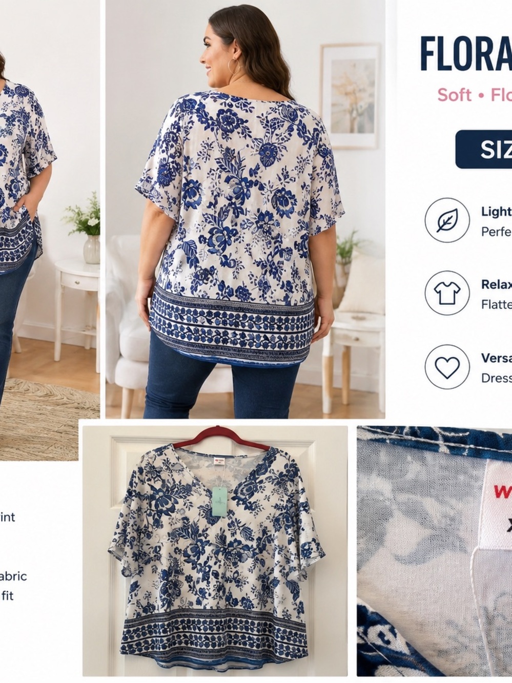 Blue & White Floral V-Neck Blouse